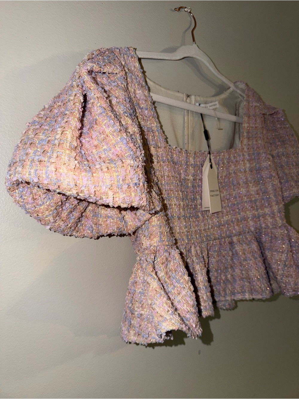 English Factory Pastel Tweed Puff Sleeve Peplum Top NWT